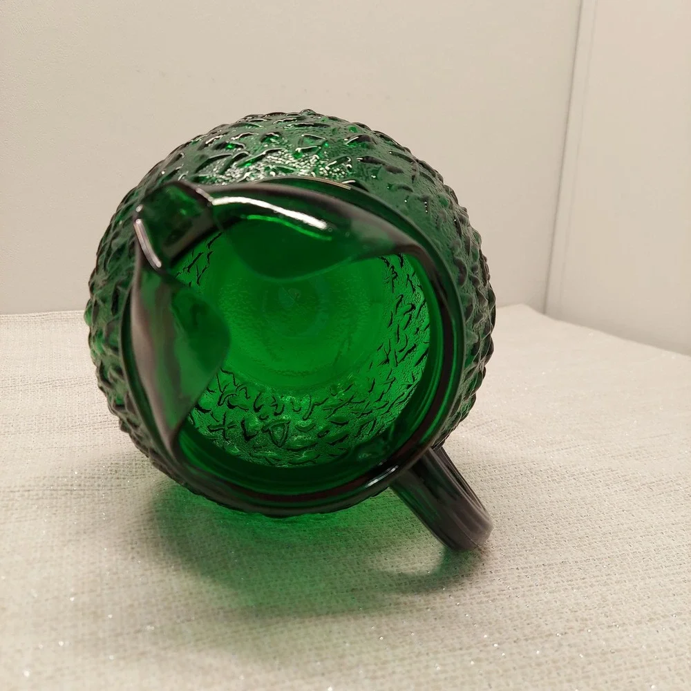 Vtg Anchor Hocking Lido Milano Forest Emerald Green Crinkle Ball Pitcher Ice Lip